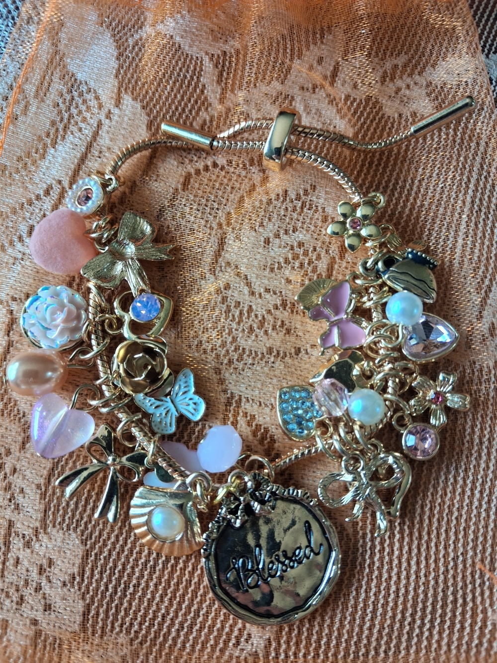 Gold Charm Bracelet with Pink Accents - Blessed Pendant